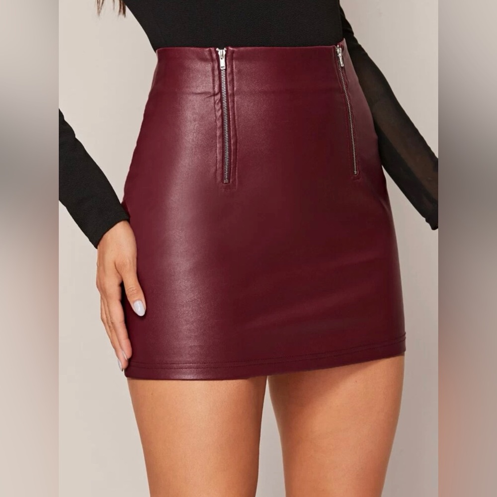 Shein Maroon Double Zipper Leather Mini Skirt